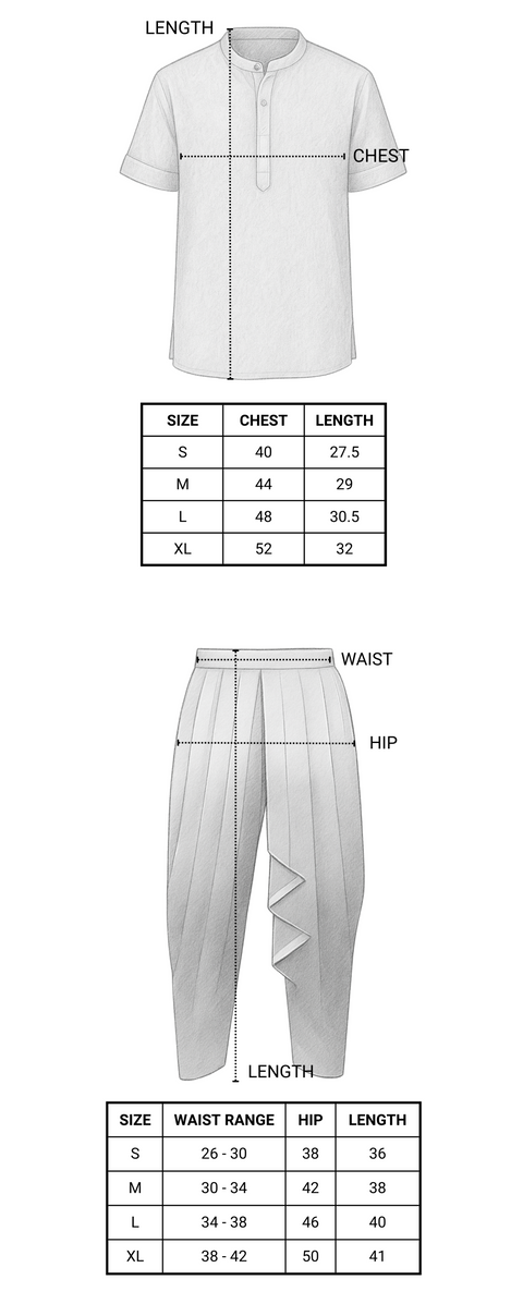 Measurement chart for a white shirt and pants on a white background