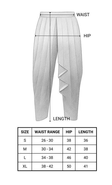 Measurement chart for yoga dhoti pants with labeled parts and size chart on a white background