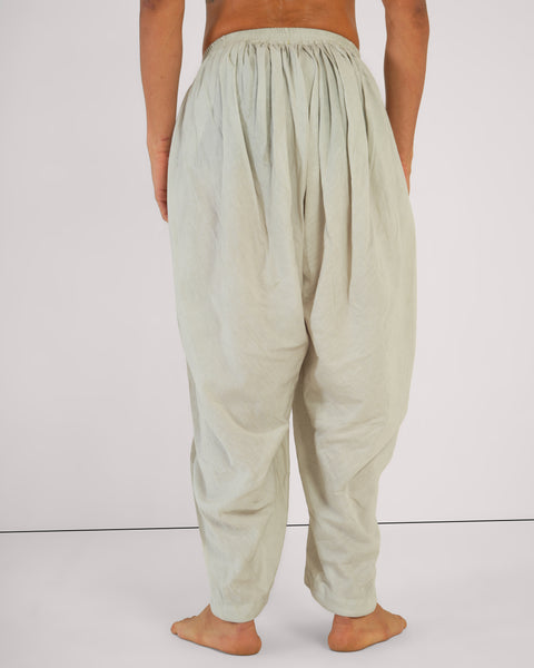 Back close-up of dhoti-style pants in Vibhuti Grey from Shanti Chola, highlighting soft pleats and gathered waistband in natural Linen Cotton Blend.