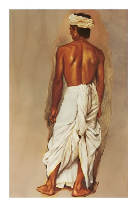 Traditional Indian painting of a bare-backed man in white dhoti and turban, standing with strength and quiet dignity.