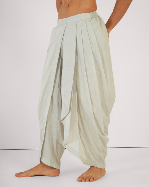Side view of Vibhuti Grey dhoti-inspired yoga pants by Shanti Chola, made with breathable Linen Cotton Blend, ideal for movement and breathwork.